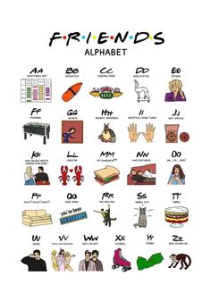 an alphabet poster with pictures of people and animals