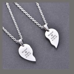 "The engraving is done with high quality fiber laser engraving machine , it never fade , it will last forever. Personalized Engraved Stainless Steel Broken Heart Necklace ,Engraved 2 Pieces Split Heart Necklaces, Boys & Girls Necklace-Birthday gift Material : Stainless Steel  the size for the whole heart is : 1\" x 1\"  the length of Necklace is  : 23\" We supply up to 4 lines free engraving on front and back of each necklace , one line is no more than 10 characters. Please  see the engraving sample from the Main sample picture. It is a perfect gift for Boys & Girls , Men & Women, Couples ,  Birthday, Valentine's Day , Anniversary , Graduation, Holidays Christmas and so on. Please pick up a font and a logo  from our font and logo chart which is behind our main sample picture, then put your Cheap Stainless Steel Necklace For Anniversary Gift, Valentine's Day Engraved Heart Necklace In Stainless Steel, Silver Heart Necklace With Laser Engraving, Valentine's Day Laser Engraved Stainless Steel Jewelry, Engraved Heart Necklaces For Father's Day, Heart-shaped Engraved Necklaces For Father's Day, Father's Day Heart-shaped Engraved Necklaces, Couples Birthday, Necklaces Men