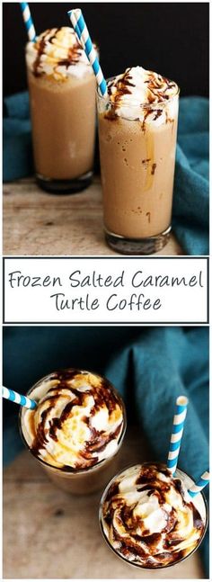 frozen salted caramel turtle coffee in glasses with blue and white striped straws