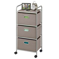 three drawers with wheels on each side and two bins on the bottom, in grey