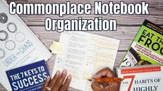 a person is writing on a notebook surrounded by other books and papers with the words, complace notebook organization