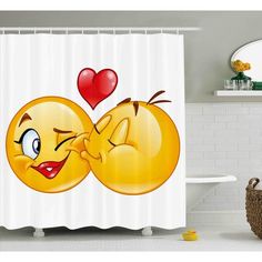 two yellow emoticions hugging each other in front of a white shower curtain with a red heart on it