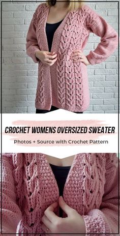 the crochet women's oversize sweater is shown in pink