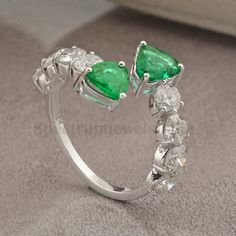 Adjustable Ring / 18k White Gold Rings / Diamond Emerald Rings / Zambian Emerald Gemstone Rings / Solid Gold Heart Rings / Open Ring For Her Gold Heart Rings, Emerald Jewellery, Diamond Chandelier Earrings, Heart Rings, Emerald Rings, Gold Heart Ring, Pave Diamond Band, Emerald Diamond Ring, Zambian Emerald