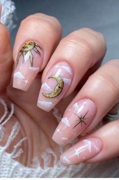 Full Moon Nails, Sun And Moon Nails Design, Sun And Moon Nail Art, Sun And Moon Nails, Cinderella Nails, Moon Nail Art, Grad Nails