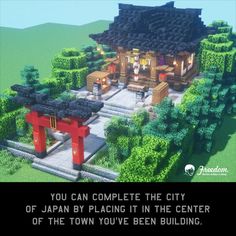 an image of a japanese style house in the middle of a green area with text that reads you can complete the city of japan by placing it in the center of the town you've