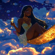 a woman sitting on the moon holding a glass of wine