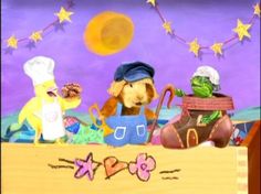 a painting of some stuffed animals on a table with food and stars in the background