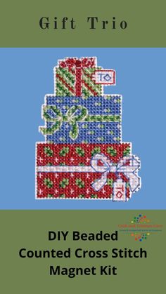 Gift Trio Mill Hill Counted Cross Stitch Glass Bead Magnet Ornament Kit  Makes 1 Magnet  Size - 2.25" x 3.25"  Kit contents:  - Mill Hill Glass Beads  - Mill Hill 14ct perforated or painted perforated paper  - Mill Hill Glass or Crystal Treasure  - Floss  - Needles  - Magnet  - Chart