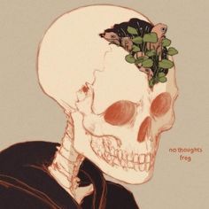 a drawing of a skull with flowers on its head