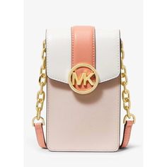 New With Tags 100% Authentic Michael Kors Carmen Small Color-Block North South Phone Crossbody Bag Powder Blush Multi With Gold Tone Hardware Faux Saffiano Leather With 100% Polyuretane Trim 88.92% Coated Canvas / 11.08% Polyester Adjustable Long Strap With Chain, 23" Drop Exterior Back Open Pocket Snap Closure Interior: 3 Credit Card Slots, 100% Polyester Lining Length: 4 1/4" Height: 7" Depth: 1 1/4" Everyday Pink Shoulder Bag With Metal Logo, Pink Shoulder Bag With Metal Logo For Everyday, Chic White Shoulder Bag With Metal Logo, Pink Crossbody Shoulder Bag With Metal Logo, Pink Crossbody Bag With Metal Logo, White Crossbody Shoulder Bag With Metal Logo, Modern White Bags With Metal Logo, White Rectangular Bag With Metal Logo, Chic White Bag With Metal Logo