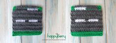 two crocheted mitts with footballs on them, one is green and the other is gray