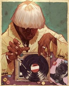 a painting of a person holding a record player and looking at an album on a table