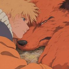 an anime character laying down next to a red fox