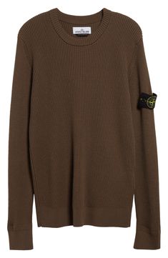 Stone Island's adventure-ready aesthetic comes through in this woolly crewneck sweater with a removable compass-logo patch inspired by military insignias. Crewneck Long sleeves Ribbed cuffs and hem 100% virgin wool Dry clean or hand wash, dry flat Imported Designer Clothing Winter Crew Neck Sweater With Logo Patch, Crew Neck Sweater With Logo Patch For Winter, Crew Neck Sweater With Logo Patch For Fall, Fall Crew Neck Sweater With Logo Patch, Ready Aesthetic, Compass Logo, Military Insignia, Fabric Gift Bags, Nordstrom Store