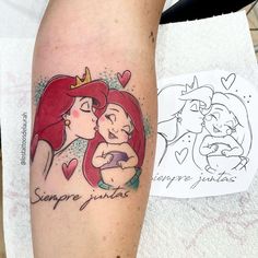 a couple of tattoos that are on the leg of someone's arm and one has a princess tattoo on it