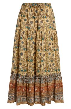 A boho floral print artfully covers this tiered maxi skirt made from an airy cotton blend and topped with a comfy elasticized drawstring waist. 33 1/2" length (size 8) Elastic/drawstring waist Side-seam pockets 70% cotton, 30% viscose Dry clean Imported Bohemian Tiered Ruffled Maxi Skirt, Summer Bohemian Tiered Maxi Skirt, Bohemian Tiered Maxi Skirt For Summer, Flowy Boho Print Tiered Maxi Skirt, Bohemian Floral Print Relaxed Maxi Skirt, Bohemian Relaxed Fit Floral Maxi Skirt, Bohemian Flowy Maxi Skirt With Floral Print, Beige Ruffled Bohemian Maxi Skirt, Bohemian Beige Ruffled Maxi Skirt