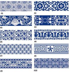 blue and white patterns for decorative wallpapers, including floral ornament designs