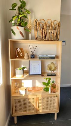 a wooden shelf with plants and pictures on it