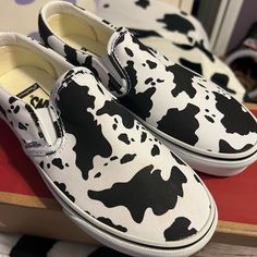 Brand New!!! Vans Classic Slip-Ons In Cow Print!!! Brand New/Never Worn Woman’s Size 6.5 Cow Print Shoes, Cow Design, New Vans, Vans Black And White, Shoes Vans, Vans Black, Vans Classic Slip On, Shoe Print, Shoes Loafers