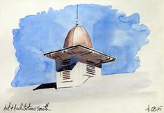 a watercolor painting of a building with a clock on it's roof and a sky background