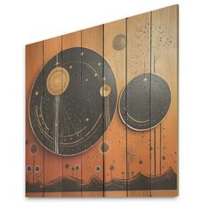 an abstract painting on wood with circles and stars