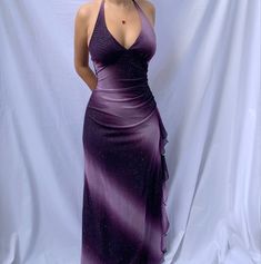 Purple Prom Dress Elegant, Cool Prom Looks, Purple Halter Prom Dress, Plunge Neckline Prom Dress, Long Purple Prom Dress, 90s Purple Prom Dress, Purple Vintage Prom Dress, Prom Dress Dark Purple, 00s Prom Dress