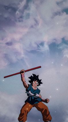 a cartoon character holding onto a pole in the air with clouds and stars behind him