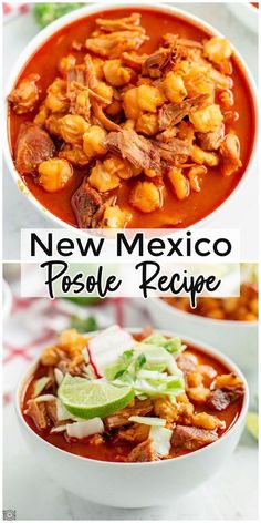 two bowls of chili and beans with the title above it that reads new mexico posole recipe