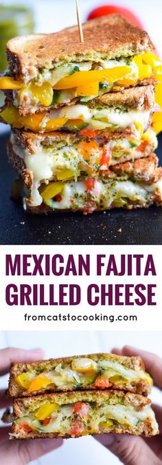 the mexican fajita grilled cheese sandwich is stacked on top of each other