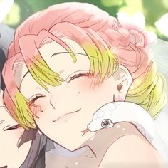 two anime characters are hugging each other in front of trees and leaves, one has pink hair and the other has green eyes