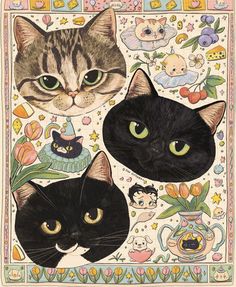 three black cats with green eyes are on a white and pink background, surrounded by flowers