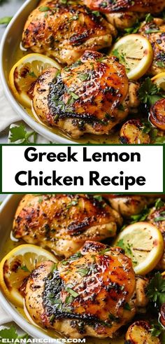 two pictures of chicken with lemons and herbs