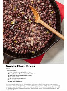 the recipe for smoky black beans in a skillet