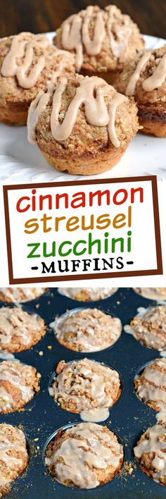 cinnamon streusel zucchini muffins are on a baking sheet