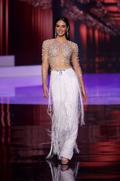 Miss Universe Puerto Rico, Miss Universe Dresses, Miss Universe Gowns, Sparkle Crop Top, Miss Puerto Rico, Sparkle Gown, Sheer Gown, Blue Sleeveless Dress, Miss Universe