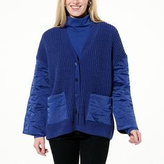 WynneCollection Cozy Plush Quilted Satin Cardigan Jacket  Chic and cozy, this quilt-detailed, sweater-knit topper cuts a casually pulled-together figure and is great just about any time of year. Satin Cardigan, Twilight Blue, Detailed Sweater, Draped Fabric, Sweater Knit, Cardigan Jacket, Easy Wear, Fashion Clothes Women, Knitted Sweaters