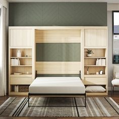 a bedroom with a bed, bookshelf and chair in it's corner