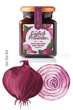 an onion next to a jar of jam with the words english lavender on it and a red onion