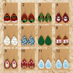 ��Teardrop shaped Christmas earrings. These earrings are double sided and look great with any outfit. Add these to your collection to get into the Christmas spirit. Great for gifts or just buy them for yourself. ��Details�� - Approximately Height 1.575, Width 1 in at widest point - Made of hardboard with a glossy surface - Design is printed on both sides - Very light weight - Comes on a card and sealed in a cellophane bag. (Which makes them great gifts) To order just select what number earring y Christmas Icons, Bow Earrings, Holiday Jewelry, Wooden Earrings, Cellophane Bags, Christmas Earrings, Christmas Jewelry, Wood Earrings, Xmas Crafts