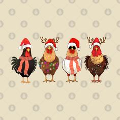 three roosters wearing christmas hats and scarfs, standing side by side on a beige background