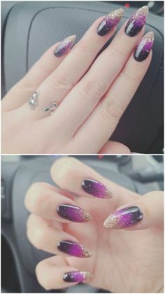 Black Purple Gold Nails, Black Purple And Gold Nails, Halloween Nails Dip Powder, Purple Nails With Gold, Halloween Dip Nails Ideas, Purple Gold Nails, Ombre Dip Powder Nails, Ombré Dip Nails, Halloween Dips