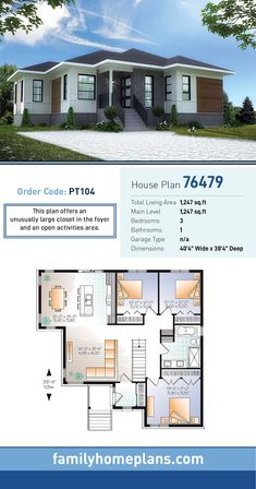 two story house plan with 3 bedroom and 2 bathrooms in the front, an open floor plan