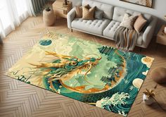 a living room area rug with a dragon on the floor in front of a couch