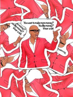 a man in a red suit is surrounded by cut out pieces of paper that say you want to make more money?