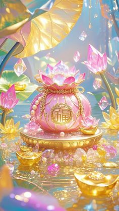 a pink and gold vase sitting on top of a body of water next to flowers