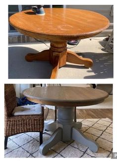 the before and after photos show how to paint an old dining room table with chalk paint