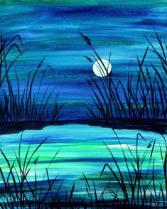 an acrylic painting of grass and water at night with the moon in the distance