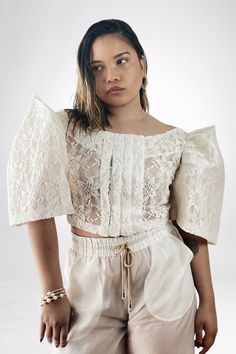 VINTA Gallery | Pleat Front Camisa (Ivory) Filipiniana Wedding, Modern Filipiniana, Filipiniana Dress, Butterfly Sleeve, Butterfly Sleeves, Head Pins, Limited Stock, Cotton Lace, The Philippines