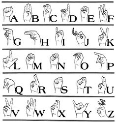 the alphabet is written in black and white with two fingers pointing at each other's letters